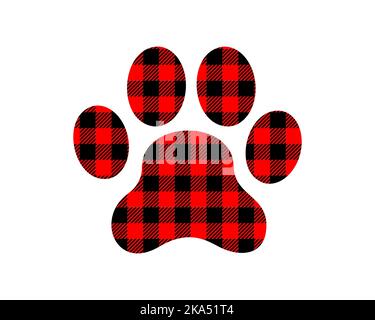 Dog paw silhouette with red and black Christmas buffalo pattern. Canine footprint with gingham checkered print. Vector flat illustration. Stock Vector