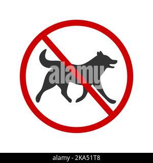 No dogs allowed icon. Pets walking ban zone pictogram. Puppy prohibited symbol. Canine silhouette in red forbidden sign isolated on white background. Vector graphic illustration Stock Vector