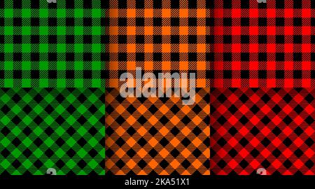 Set of gingham or vichy seamless patterns. Halloween or Thanksgiving day background, Christmas buffalo plaid, checkered lumberjack texture. Design for flannel shirt, picnic blanket, napkin, tweed coat Stock Vector
