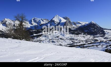 Alpstein Range in winter seen from Iltois. Stock Photo