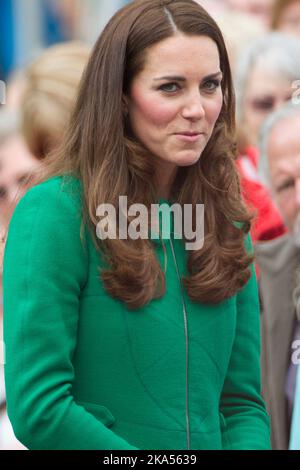 The Duchess of Cambridge meets members of the public on her visit to Cambridge, New Zealand, Saturday, April 12, 2014. Stock Photo