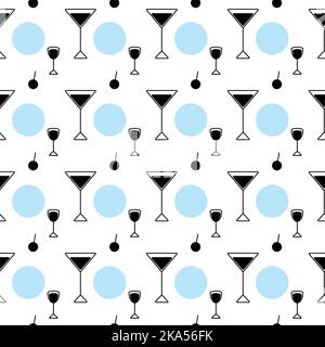 Abstract seamless pattern from a black and white set of vector icons in the form of glasses and colored spots in trendy blue shades on a transparent background. Suitable for cafes, bar, restaurants. Stock Vector
