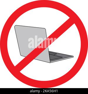Abstract Isometric Laptop in shades of gray under a red prohibitory sign. Sticker. Icon. Suitable for banner, label, wallpaper, poster, postcard. Copyspase. Isolate. Vector. EPS Stock Vector