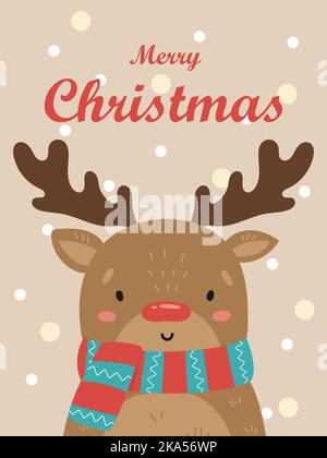 Illustration of a cute deer with a red nose in a striped scarf. Vector Christmas card. Stock Vector