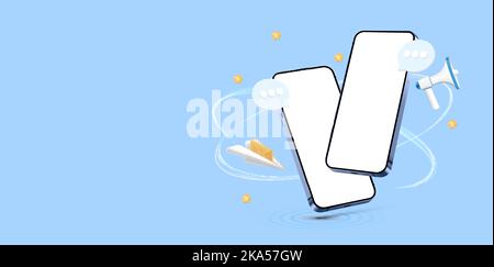 Blue illustration with two 3D mobile phone with blank screen Stock Vector