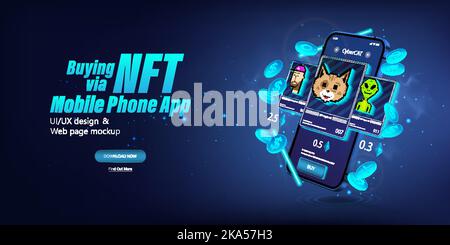 The concept of buying and selling NFT assets. 3D Mobile phone with App Stock Vector