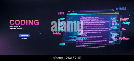3D vector banner, program app coding. Web page banner Stock Vector