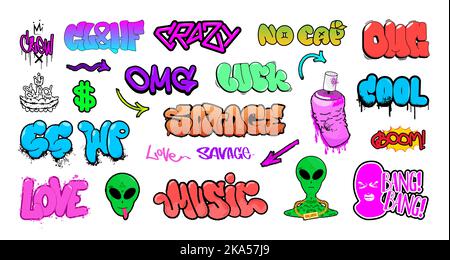 Isolated graffiti and tags set in different styles. Graphic collection 3D Stock Vector