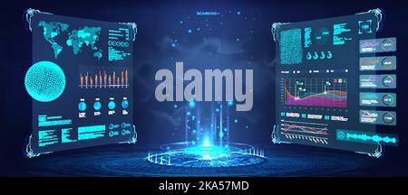 Futuristic 3D lab with hologram with HUD interface Stock Vector