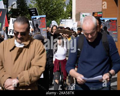 Reno, United States. 22nd Oct, 2022. Dozens of protesters march from the University of Nevada to downtown decrying the Iranian government and the death of Masha Amini. Starting at the University of Nevada, hundreds of Reno's more than 2,000 Iranian Americans marched through downtown Reno calling for the end of what they said was Iranís oppressive, religious regime.Masha Amini was a central figure in the demonstrations. Amini was abducted by Iran's morality police and allegedly was murdered while in the custody of the Iranian government. Credit: SOPA Images Limited/Alamy Live News Stock Photo