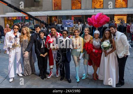 Savannah Guthrie and Jenna Bush dressed as Dallas Cowboys Cheerleaders pose  for photos at the 'Today' TV show Halloween special at Rockefeller Centre.  (Photo by Efren Landaos / SOPA Images/Sipa USA Stock