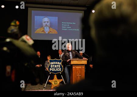 Bloomington, United States. 31st Oct, 2022. Indiana State Police Superintendent Doug Carter speaks during a press release to announce that Richard M. Allen, of Delphi, has been arrested in the murder case of Abby Williams and Libby German in Delphi. A Delphi, Indiana, man, Richard Allen, has been arrested for the 2017 murders of eighth graders Abby Williams, 13, and Libby German, 14, Indiana State Police Superintendent Doug Carter announced at a press conference. Credit: SOPA Images Limited/Alamy Live News Stock Photo