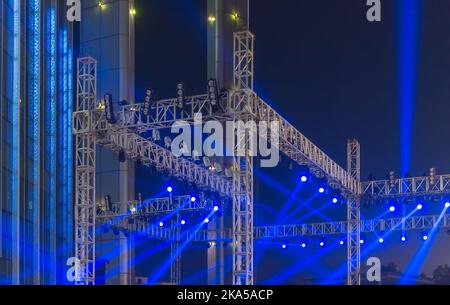 multiple spotlights on a theatre stage lighting rig Stock Photo