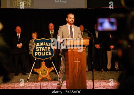 Bloomington, United States. 31st Oct, 2022. Carroll County Prosecutor Nicholas McLeland answers questions during a press release to announce that Richard M. Allen, of Delphi, has been arrested in the murder case of Abby Williams and Libby German in Delphi. A Delphi, Indiana, man, Richard Allen, has been arrested for the 2017 murders of eighth graders Abby Williams, 13, and Libby German, 14, Indiana State Police Superintendent Doug Carter announced at a press conference. Credit: SOPA Images Limited/Alamy Live News Stock Photo
