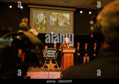 Bloomington, United States. 31st Oct, 2022. Carroll County Sheriff Tobias Leazenby speaks during a press release to announce that Richard M. Allen, of Delphi, has been arrested in the murder case of Abby Williams and Libby German in Delphi. A Delphi, Indiana, man, Richard Allen, has been arrested for the 2017 murders of eighth graders Abby Williams, 13, and Libby German, 14, Indiana State Police Superintendent Doug Carter announced at a press conference. (Photo by Jeremy Hogan/SOPA Images/Sipa USA) Credit: Sipa USA/Alamy Live News Stock Photo