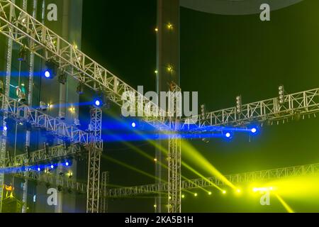 multiple spotlights on a theatre stage lighting rig Stock Photo