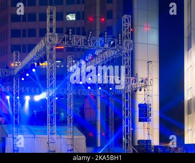 multiple spotlights on a theatre stage lighting rig Stock Photo