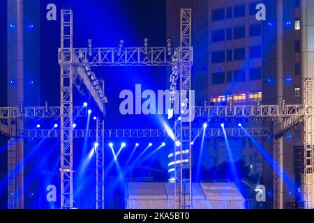 multiple spotlights on a theatre stage lighting rig Stock Photo