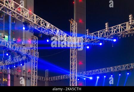 multiple spotlights on a theatre stage lighting rig Stock Photo