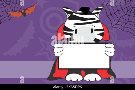 zebra kid cartoon with dracula costume holding empty billboard copy space illustration halloween background Stock Vector