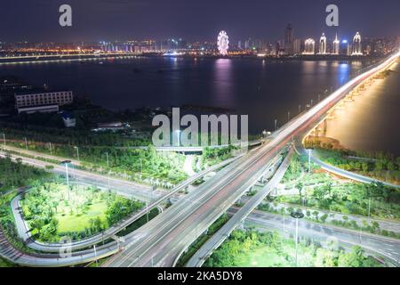shanghai interchange overpass and elevated road in nightfall Stock Photo