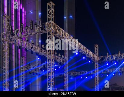 multiple spotlights on a theatre stage lighting rig Stock Photo