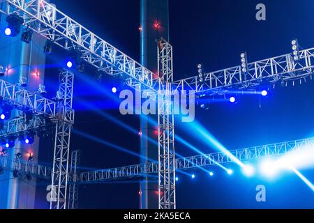 multiple spotlights on a theatre stage lighting rig Stock Photo