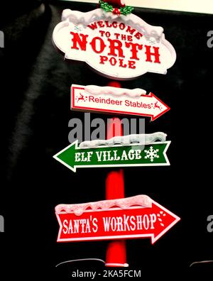 Christmas  decoration ornament north pole sign pointing arrow Santa  reindeer elf workshop Stock Photo