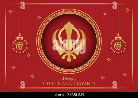 Happy Guru Nanak Jayanti Gurpurab Poster Vector Illustration. Golden and red Khanda ornamental graphic design. Social media post, website, celebration Stock Vector