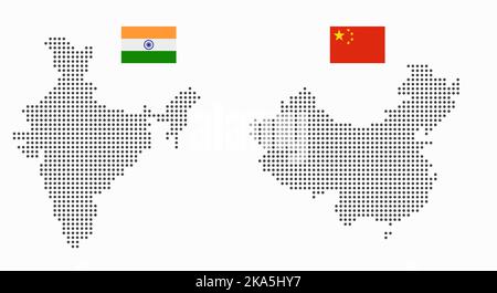 India and China dotted map with flag. Countries participating in the gas and political crisis. Flat illustration isolated on white background. Stock Photo