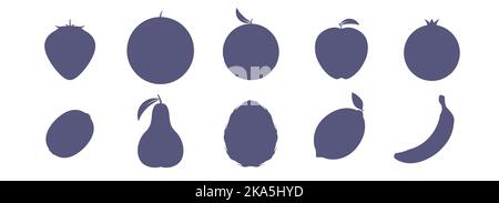 Farm and exotic fruits whole silhouette set. Flat illustration isolated on white background. Stock Photo