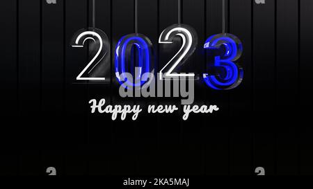 2023 new year concept design in 3d rendering, background for new year celebration in 3d illustration, 2023 in glass frame with neon glow effect, best Stock Photo