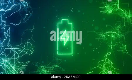 Battery charging in an abstract technological background of connections. Renewable and sustainability energy. Stock Photo