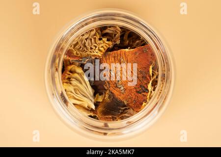 dried psychedelic mushroom fly agaric, microdosing for brain biohacking and expansion of consciousness stimulant. Stock Photo