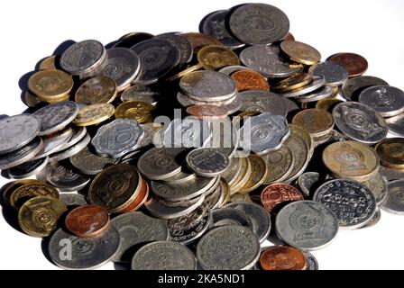 Money Sri Lankan various coins isolated on white background. Closeup of assorted Sri Lankan banknotes. Sri Lankan coins Stock Photo
