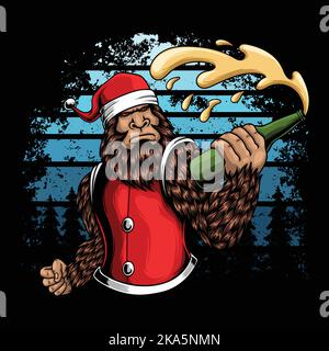 Bigfoot holding a beer bottle season christmas vector illustration for your company or brand Stock Vector