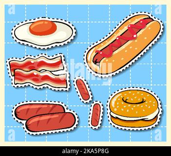 Mixed food cartoon sticker on grid background illustration Stock Vector