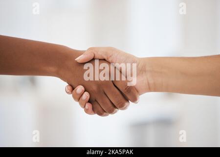 Handshake, b2b and shaking hands after partnership deal in a successful business meeting for an onboarding negotiation. Hiring, thank you and hr Stock Photo