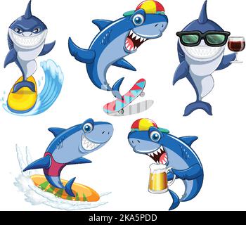 Set of shark cartoon character surfing illustration Stock Vector Image ...