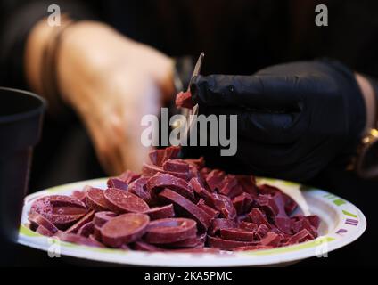 Paris, France. 31st Oct, 2022. Chocolates are displayed at the 27th Salon du Chocolat at the Versailles Expo in Paris, France, Oct. 31, 2022. The 27th Salon du Chocolat (chocolate fair) was held from Oct. 28 to Nov. 1. Credit: Gao Jing/Xinhua/Alamy Live News Stock Photo