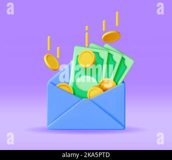 3D Opened Envelope with Money Inside Stock Vector