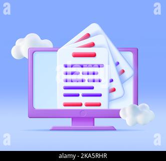 3D Computer with Pile of Paper Documents Stock Vector