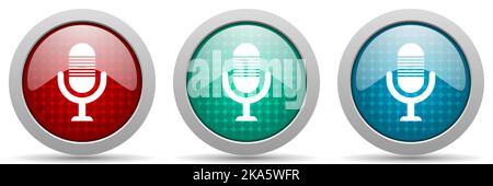 Microphone, audio, record, radio vector icon set, glossy web buttons collection Stock Vector