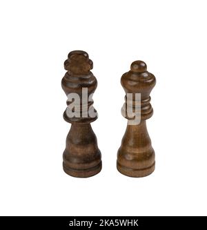 the dark wooden pieces of the chess queen and king in a transparent background Stock Photo