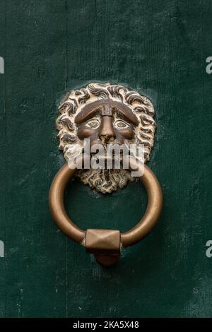 Closeup view of weathered antique brass lion head door knocker on ancient green wooden door, Montpellier, France Stock Photo