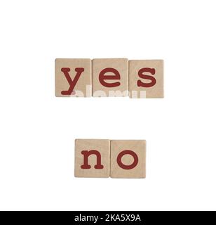 the words Yes and No formed with wooden dowels  on a transparent background Stock Photo