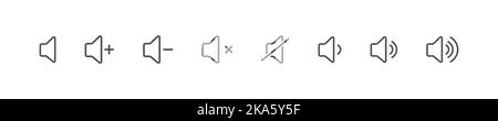 Volume icon. Sound controls. A set of symbols for the volume and control interface. Empty outline, flat style. Stock Vector