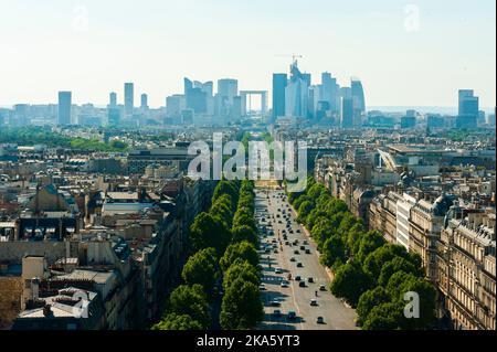 Paris, France, Aerial View, High Angle, Avenue Grande Armée, La Défense Business Center in Air Pollution Stock Photo