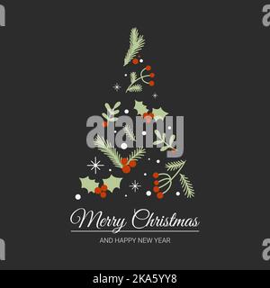 lettering Merry Christmas and Happy New Year Christmas twigs and berries in the form of a Christmas tree in the style of hand drawing Stock Vector