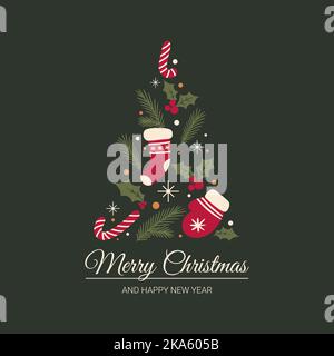 lettering Merry Christmas and Happy New Year Christmas twigs and berries sock mitten and lollipops in the form of a Christmas tree in the style of Stock Vector